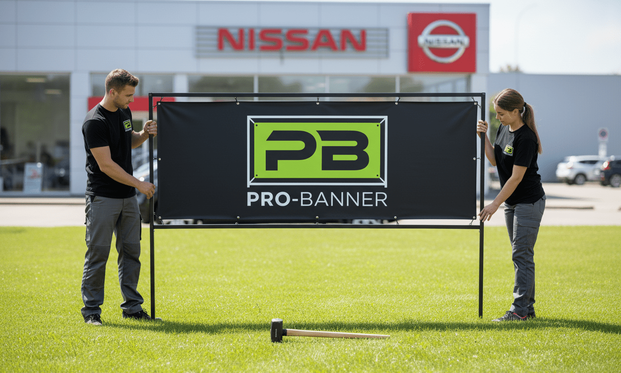 Pro Banner Frame in Front of Nissan Dealership