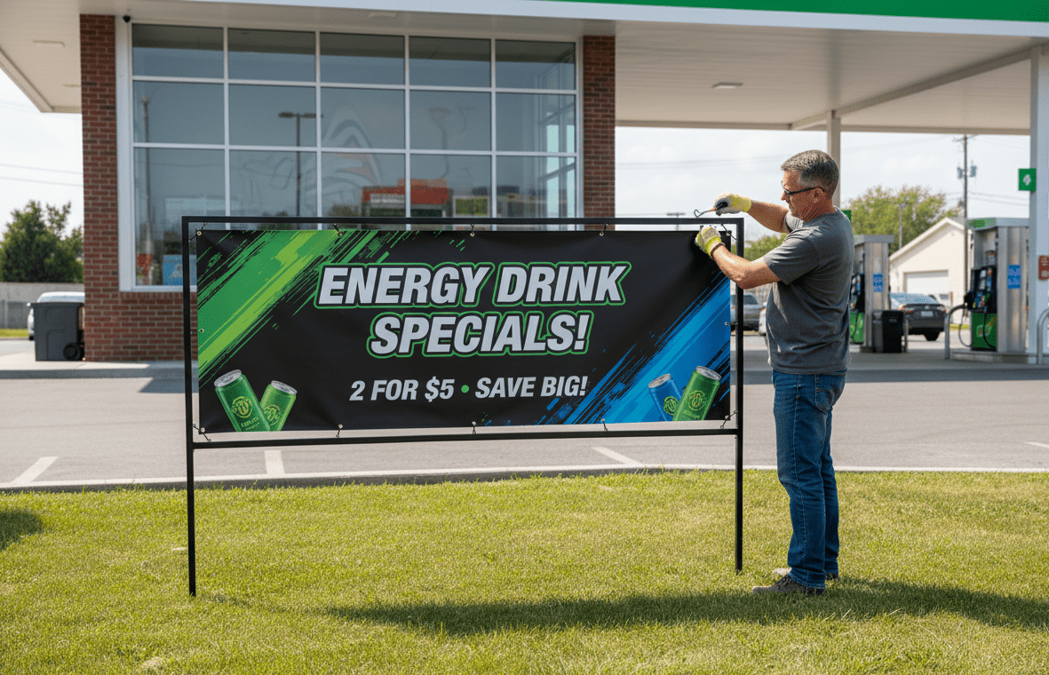 Tension Banner in Front of Gas Station that Reads Energy Drink Specials
