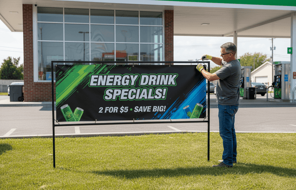 Tension Banner in Front of Gas Station that Reads Energy Drink Specials