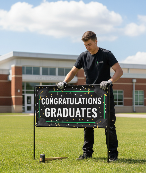 Graduation banner in front of school