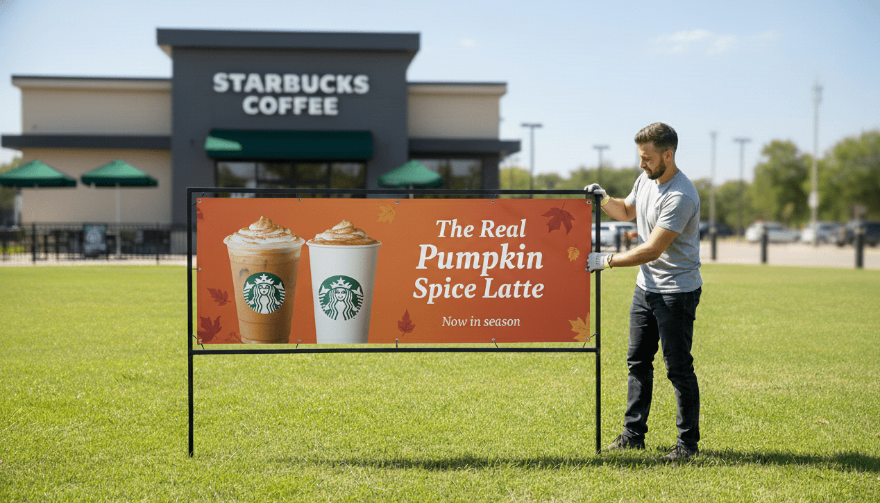 Banner Tension Frame in Front of Starbucks