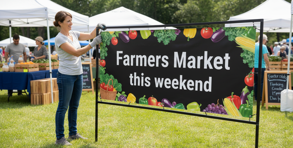 Outdoor banner frame at Farmers Market